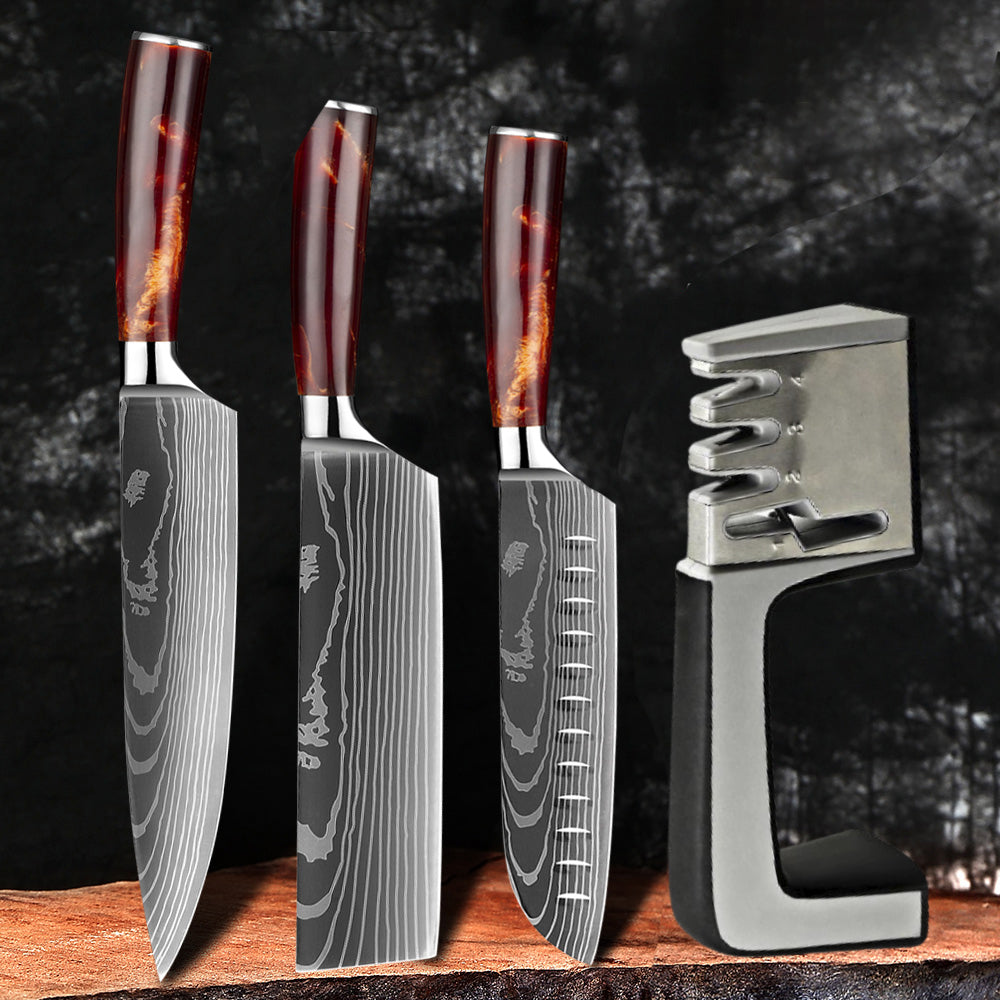 Professional 3-Knife Set + 4-in-1 Professional Sharpener • Fire Gold Combo by Atenas