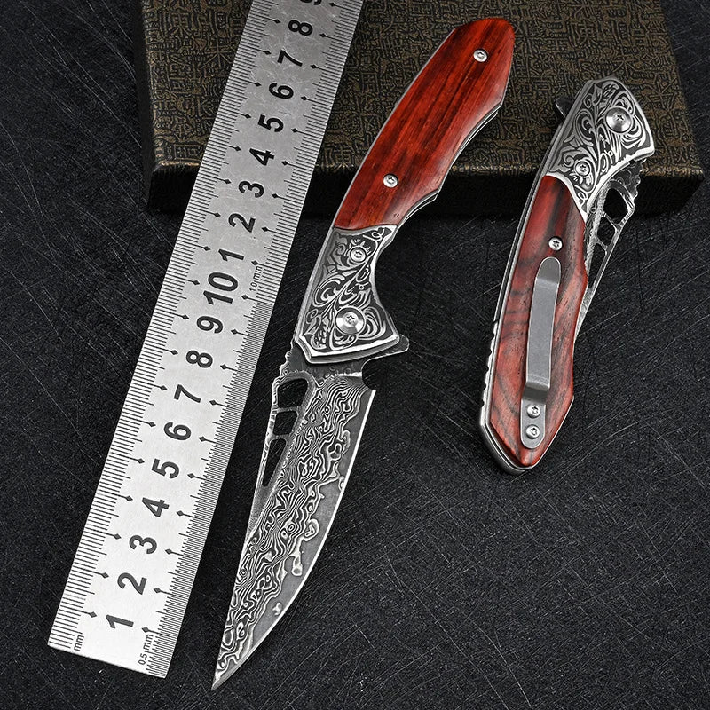 Handcrafted Damascus Steel Folding Knife • Wood BY ATENAS™