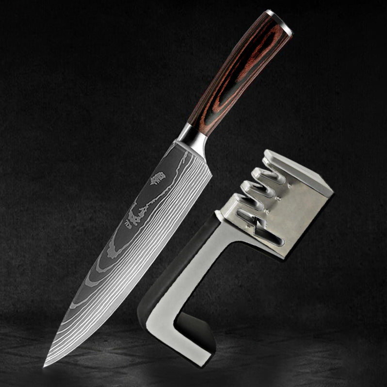 Forged Knife + 4-in-1 Professional Sharpener Set • Wood Edition