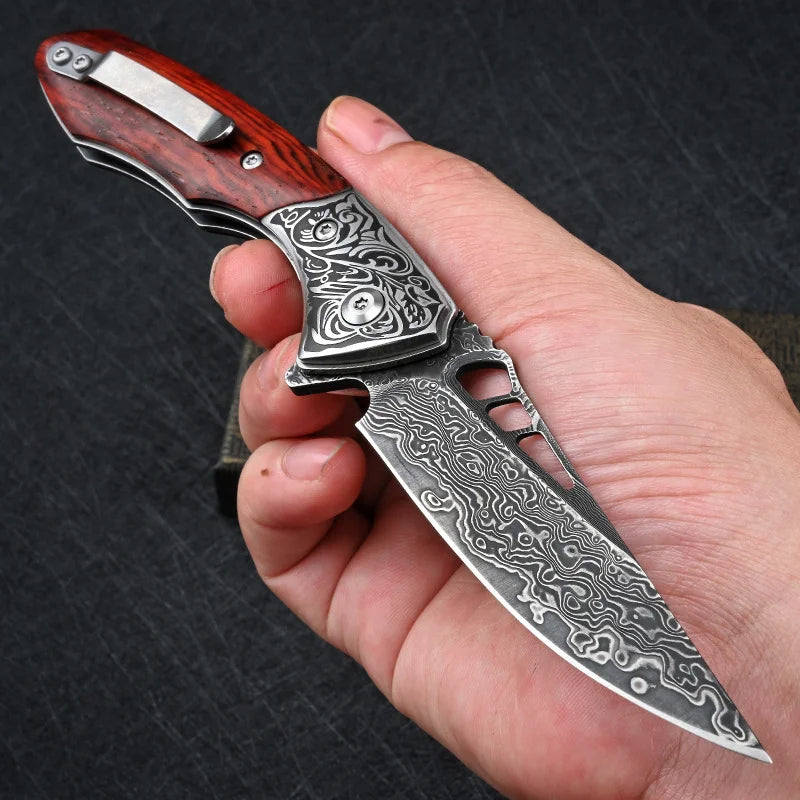 Handcrafted Damascus Steel Folding Knife • Wood BY ATENAS™