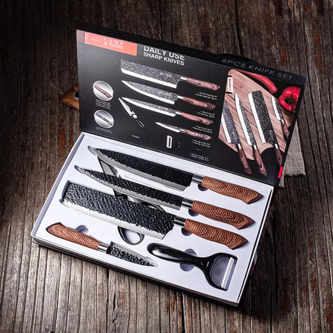 6-Piece Professional Forged Knife Set • Wood Combo by ATENAS™