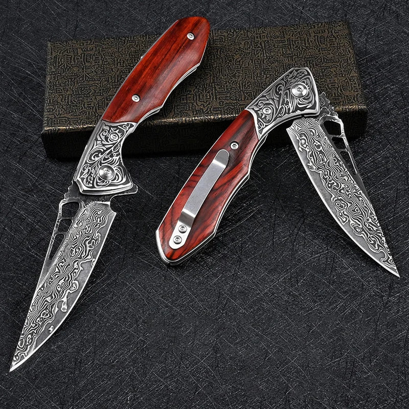 Handcrafted Damascus Steel Folding Knife • Wood BY ATENAS™