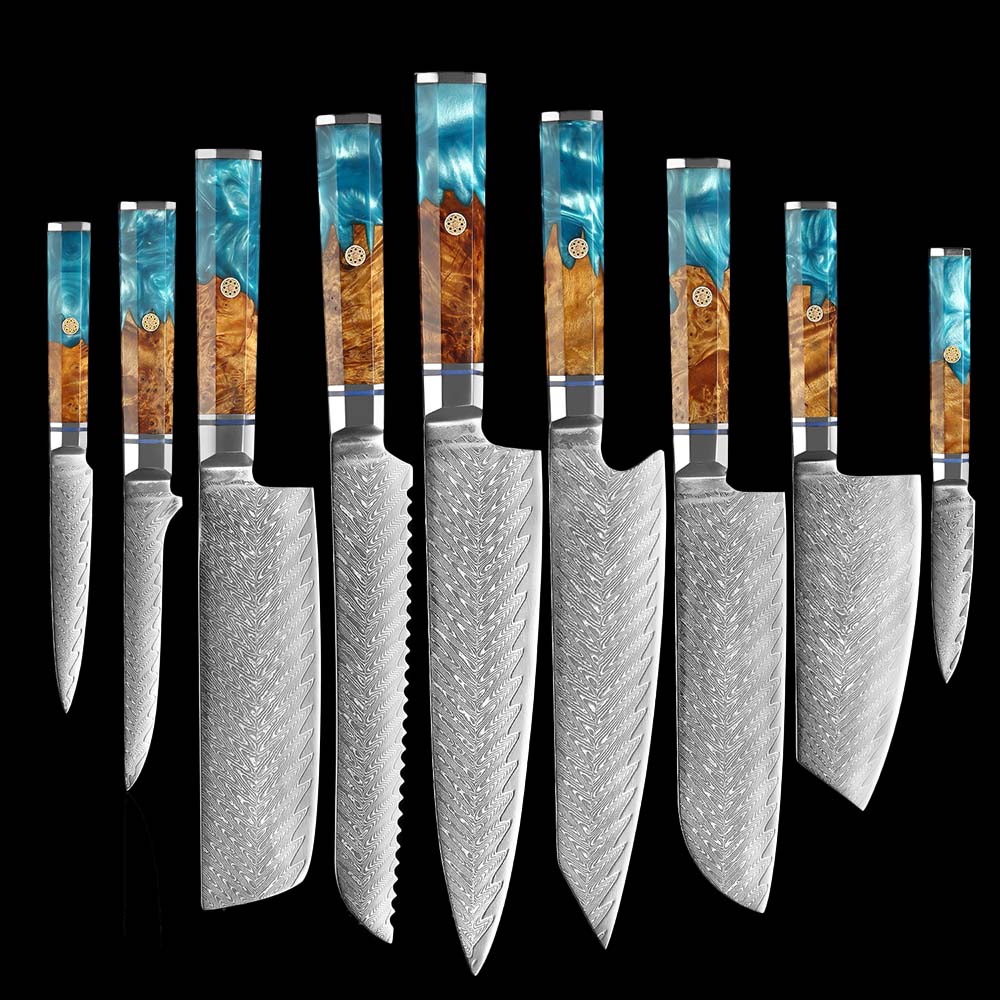 Elegance Ocean Series: 9-Piece Damascus Knife Set